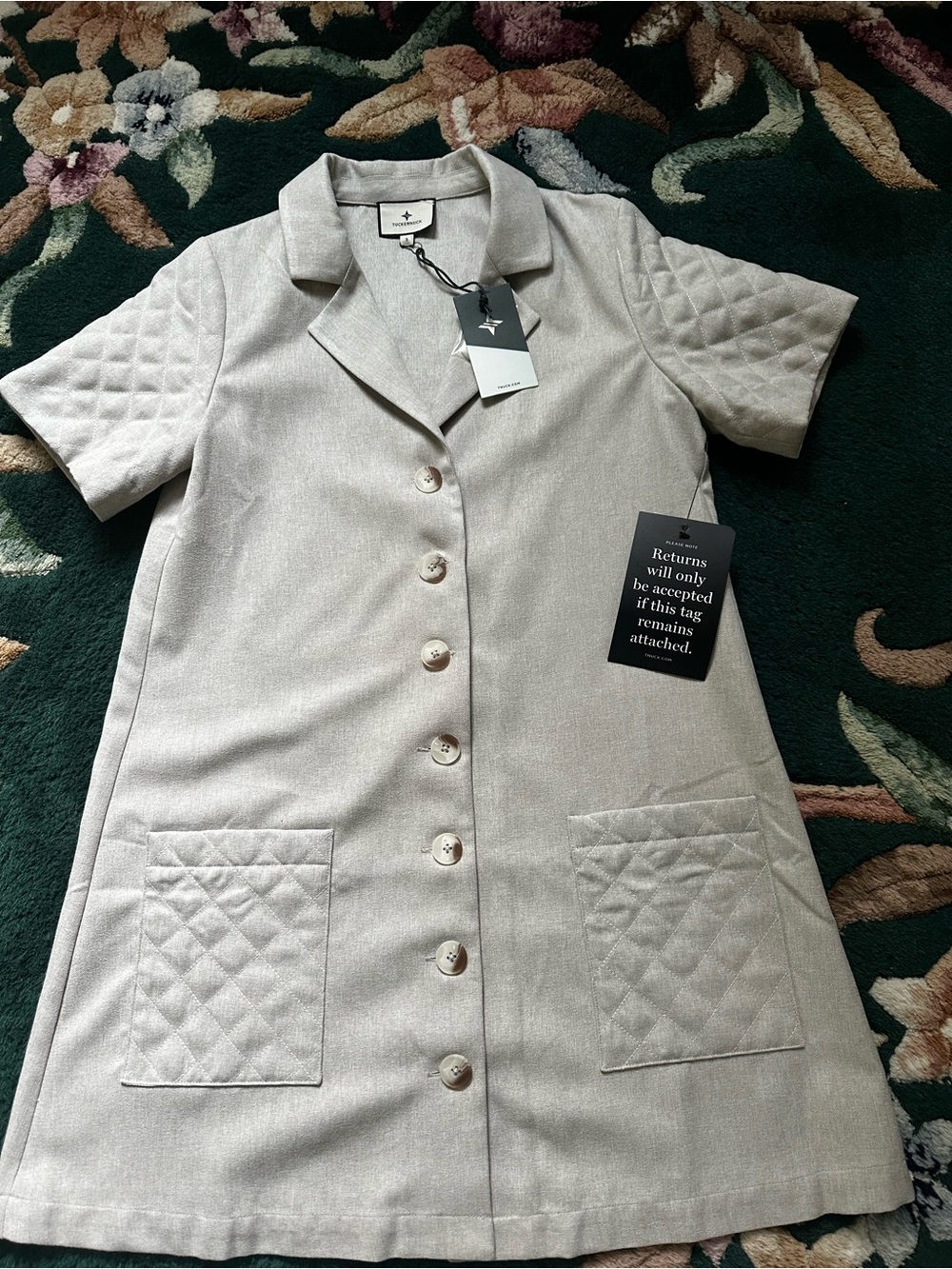 Tuckernuck Short Button-Up Quilted Pocket Shift Dress in Light Beige NWT